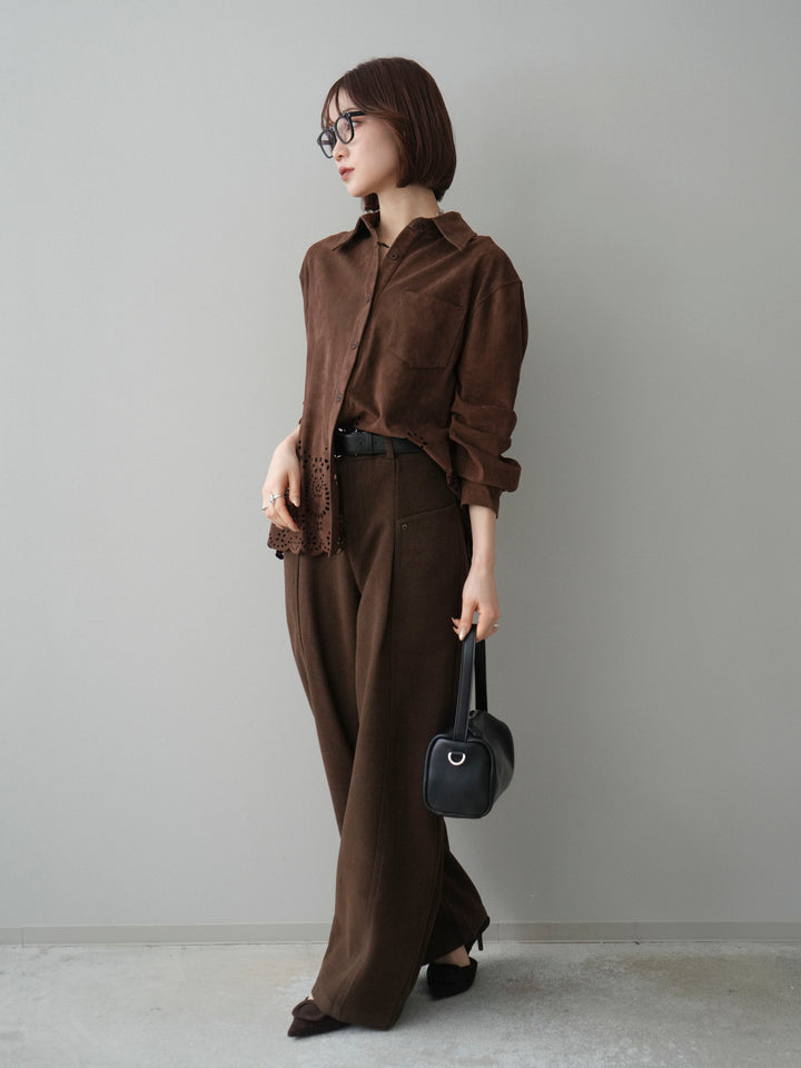 [SET]裾スカラップスエードシャツ+ベルト付起毛コクーンパンツ(2set)