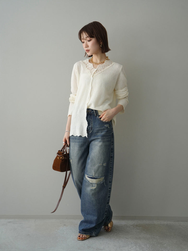 [SET]レースネックジャガードニットカーディガン+ダメージデニムセミワイドパンツ(2set)