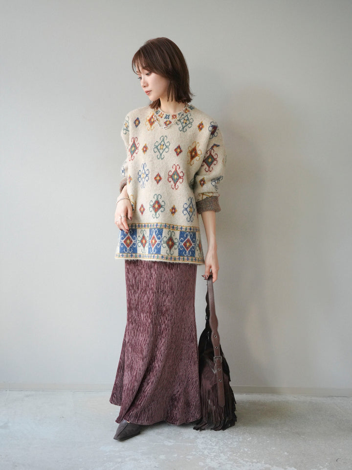 [予約]ヴィンテージ柄オーバーニットプルオーバー/アイボリー