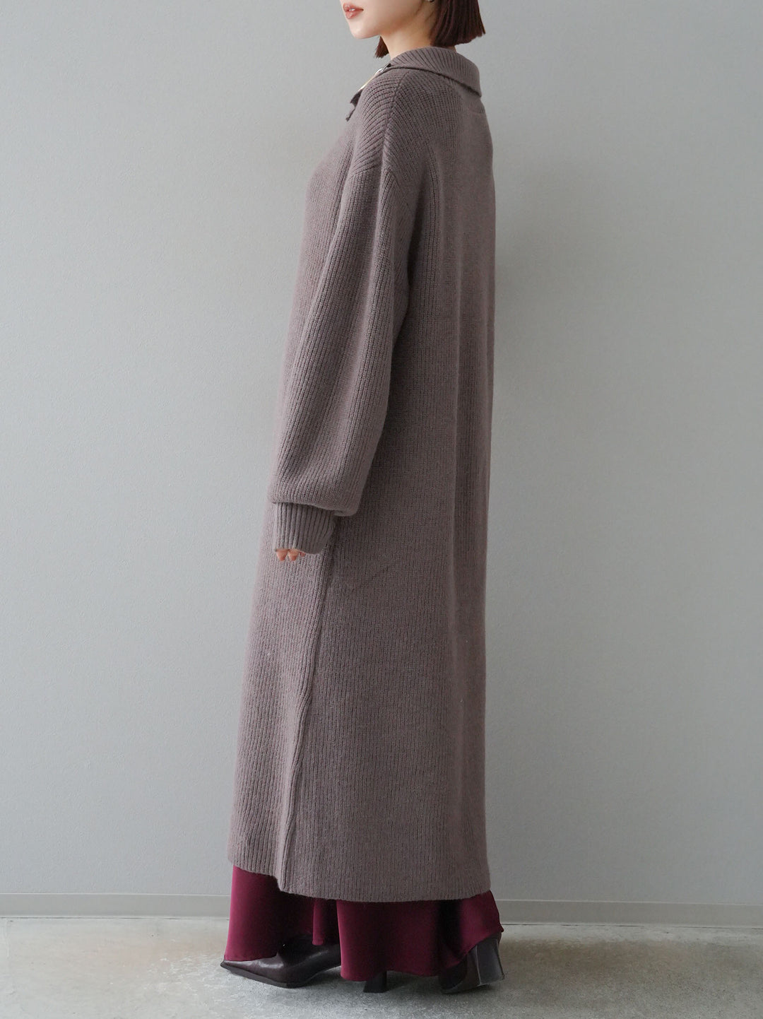 [予約]ハイネックニットロングカーディガン/モカ