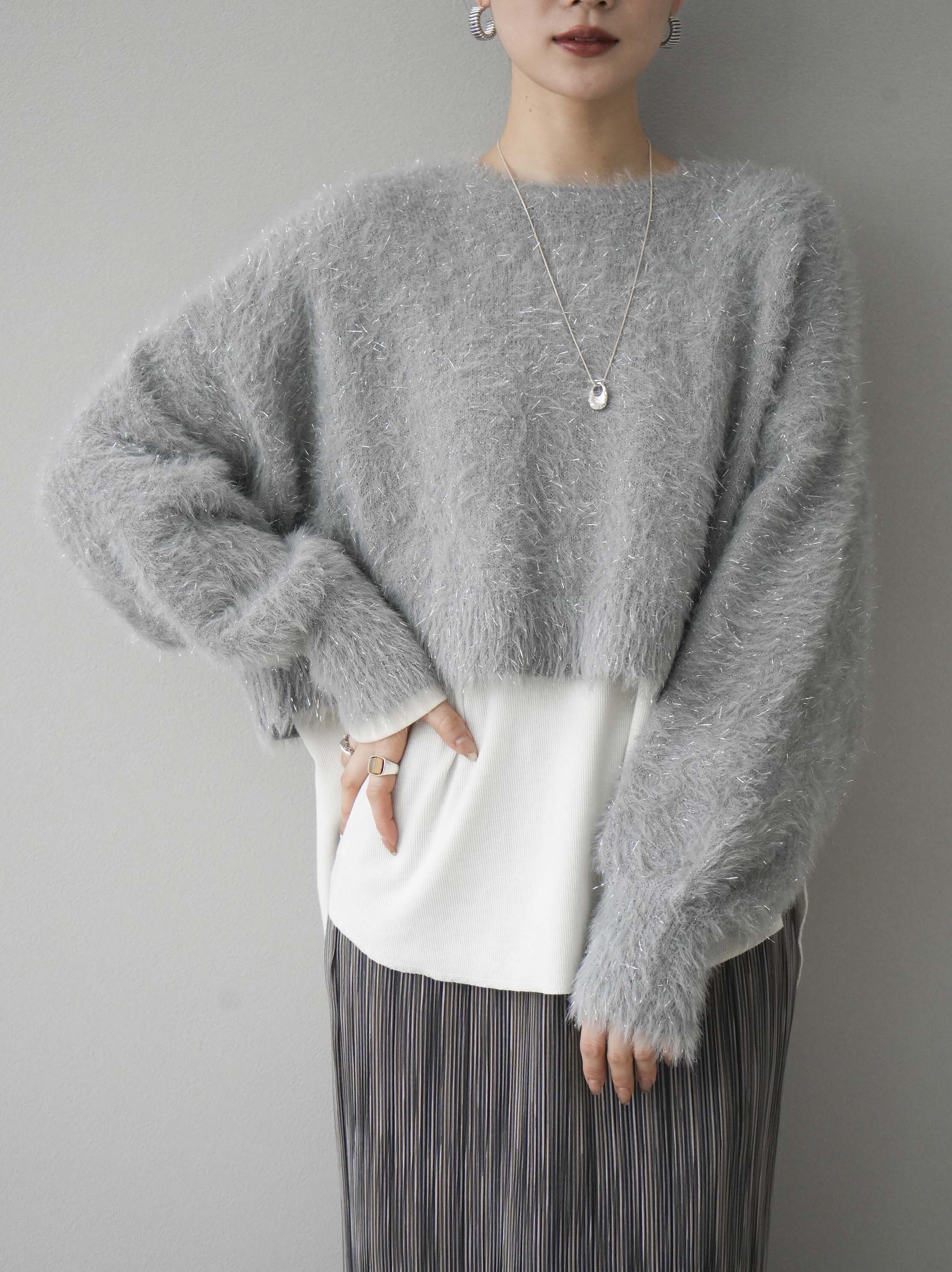 予約]ラメシャギーボリュームスリーブショートニット/グレー – Lumier