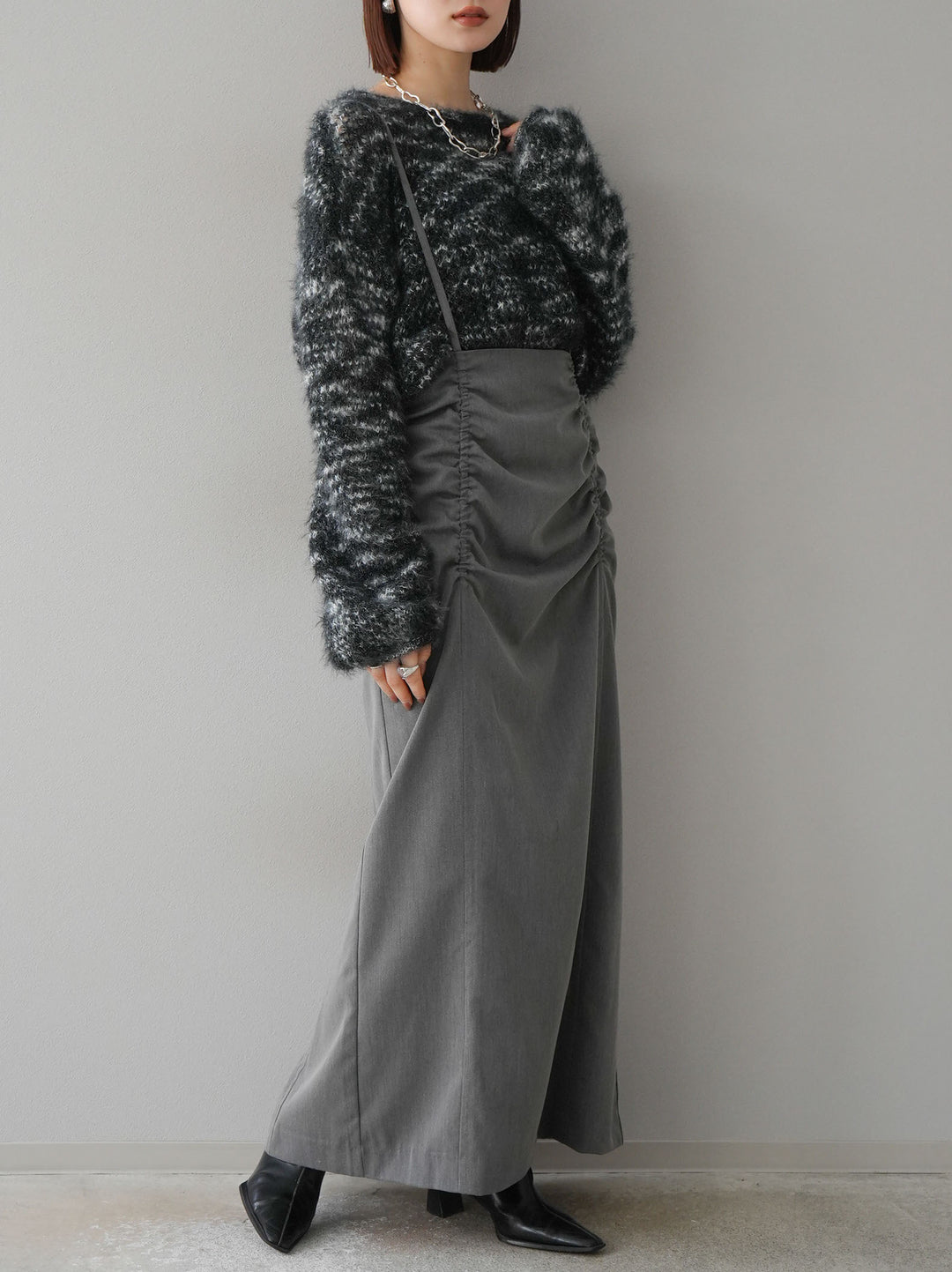 【預購】褶皺吊帶裙/炭灰