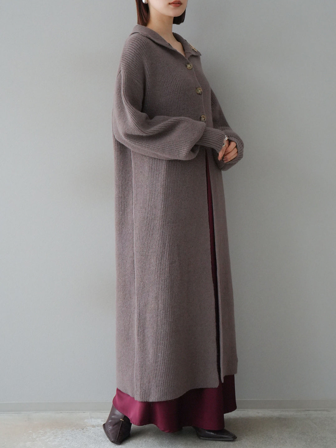 [予約]ハイネックニットロングカーディガン/モカ