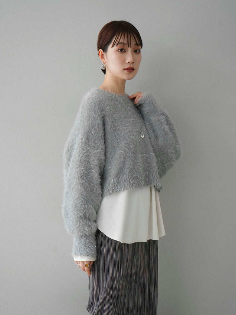 予約]ラメシャギーボリュームスリーブショートニット/グレー – Lumier 