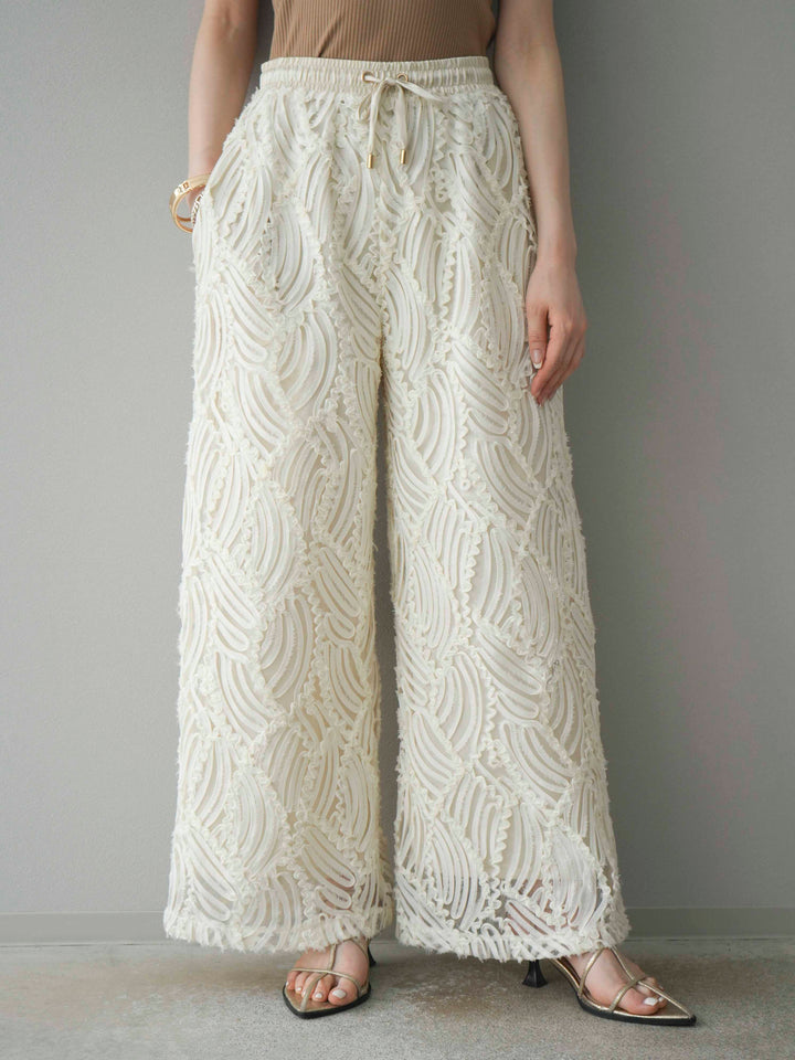 【預購】透視提花寬褲/象牙白