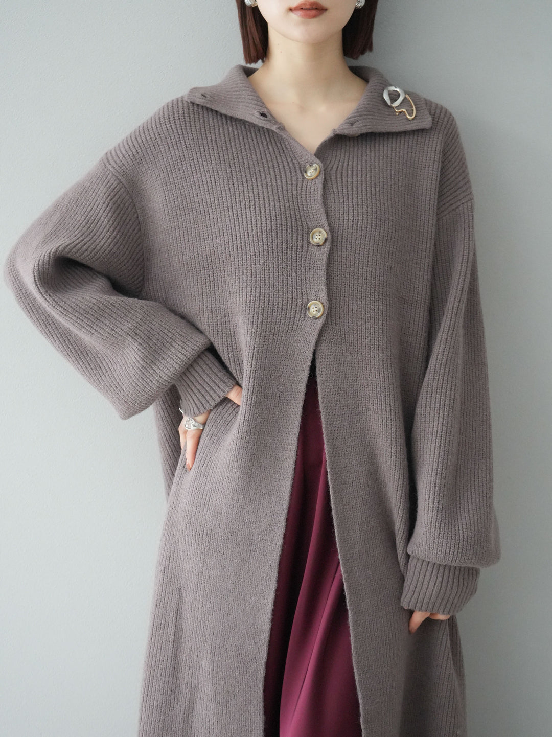 [予約]ハイネックニットロングカーディガン/モカ