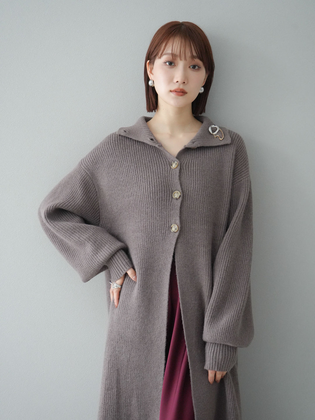 [予約]ハイネックニットロングカーディガン/モカ
