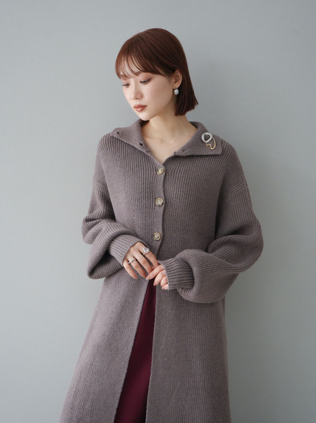 [予約]ハイネックニットロングカーディガン/モカ