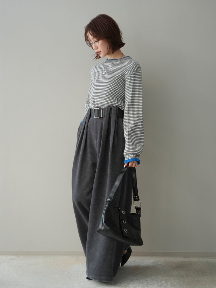 [SET]ラメ異素材ボーダーリブニットプルオーバー+ベルトデザインループコールテンワイドパンツ(ベルト付き)(2set)