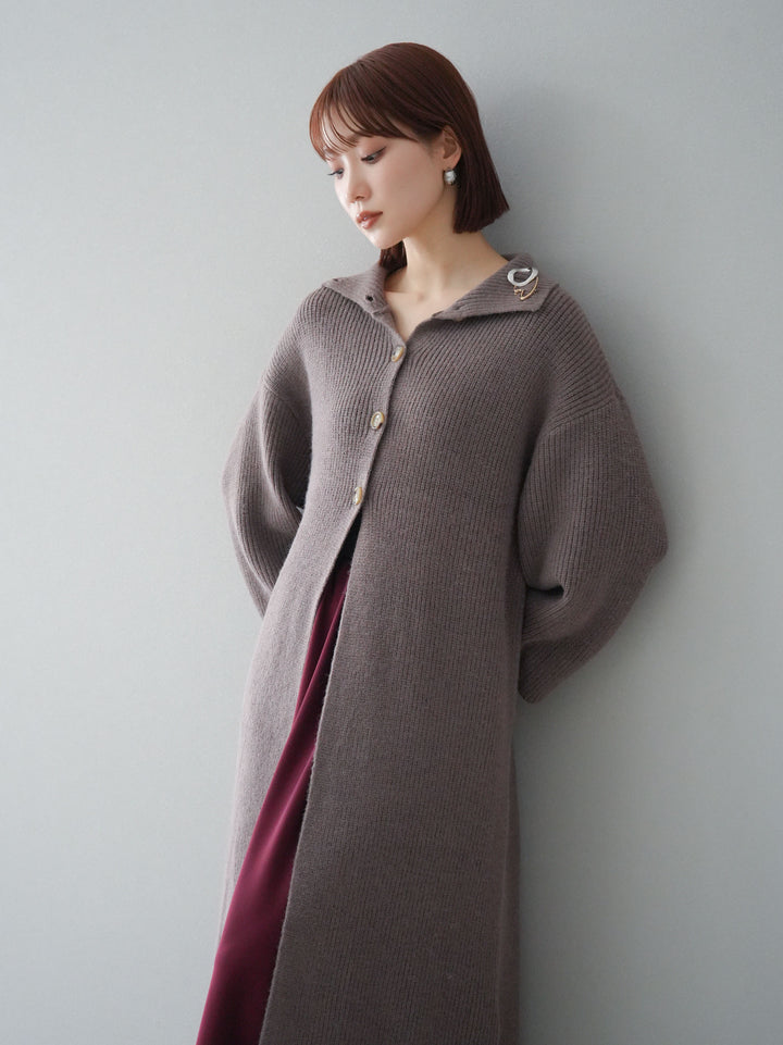 [予約]ハイネックニットロングカーディガン/モカ