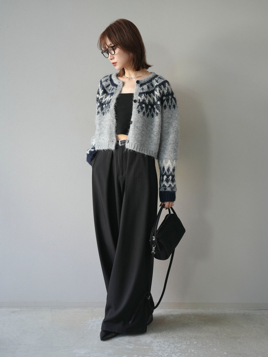 【着回しセット】[SET]求心柄クロップドニットカーディガン+異素材ミックスヤーンニットプルオーバー+ベルトループデザインワイドパンツ(3set)