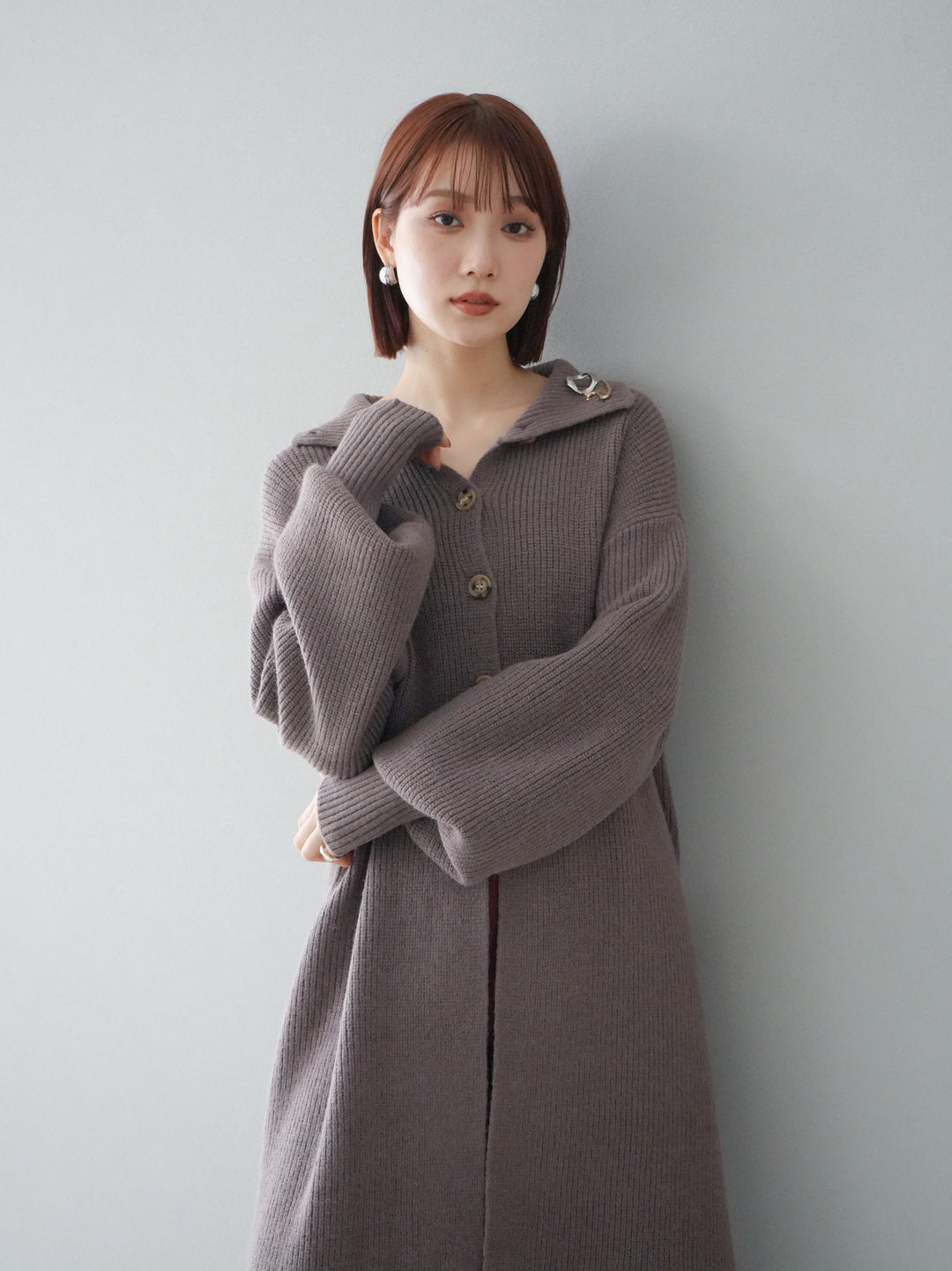 [予約]ハイネックニットロングカーディガン/モカ