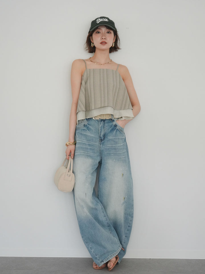 [予約]ベルト付ペイント加工カーブデニムパンツ/lightblue