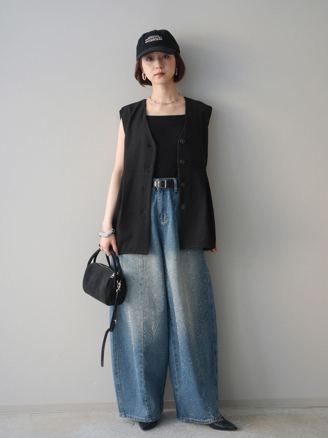 [予約]フロントビジューカーブデニムパンツ/blue