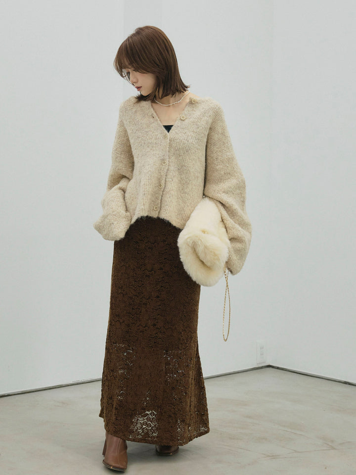 【Allure】[SET]ブークレニットカーディガン+起毛レースストレッチナロースカート(2set)