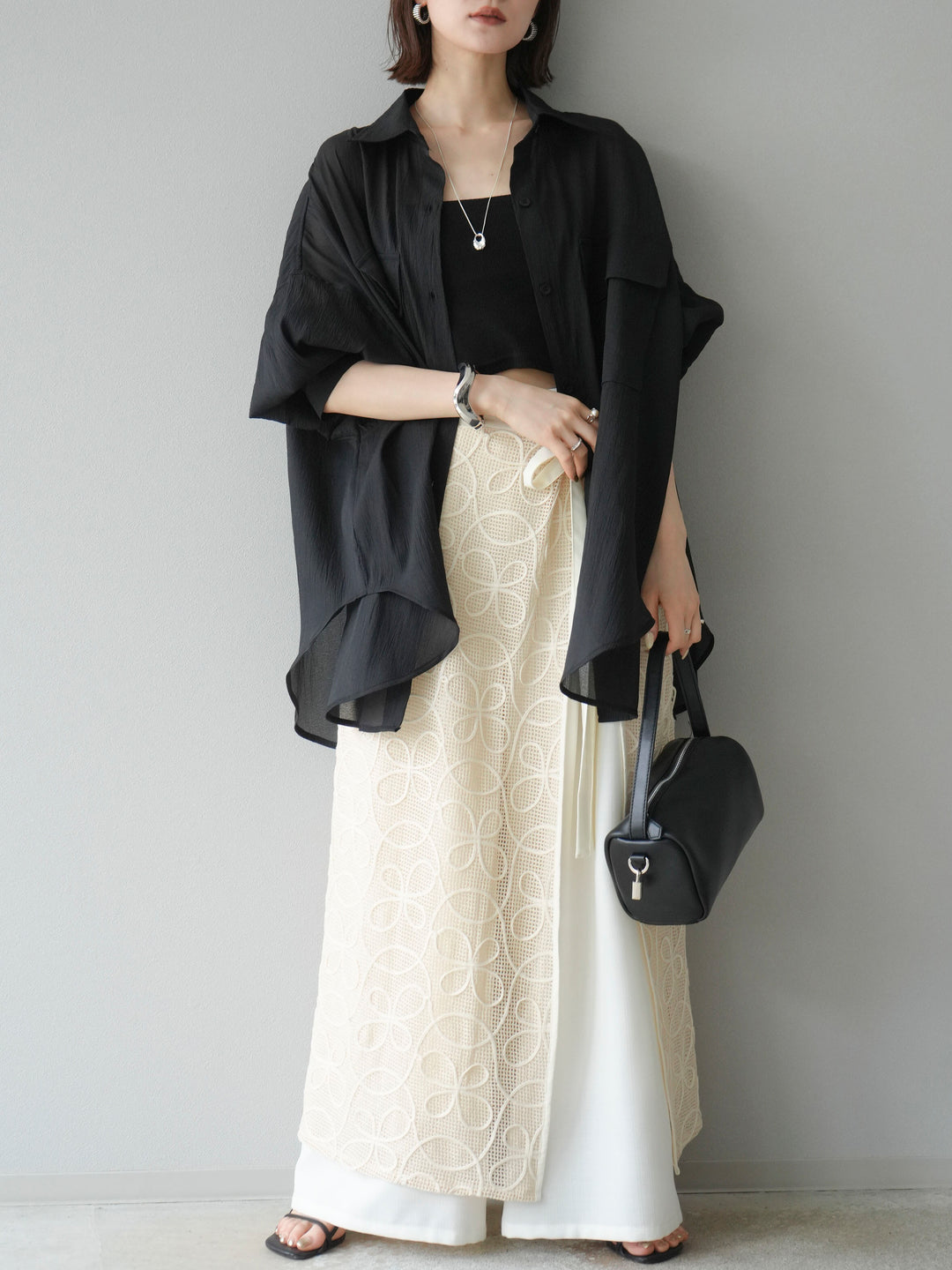 [予約]メッシュコード刺繍ラップスカート/アイボリー