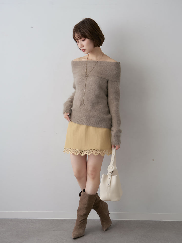 [予約]レースヘムレザーライクミニスカート/beige