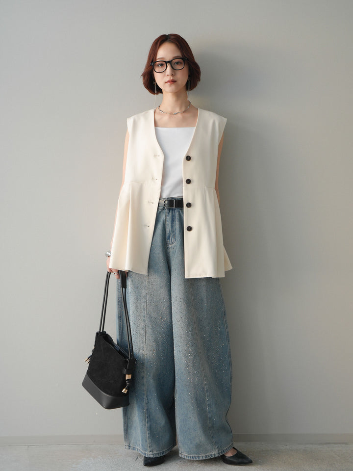 [予約]フロントビジューカーブデニムパンツ/lightblue