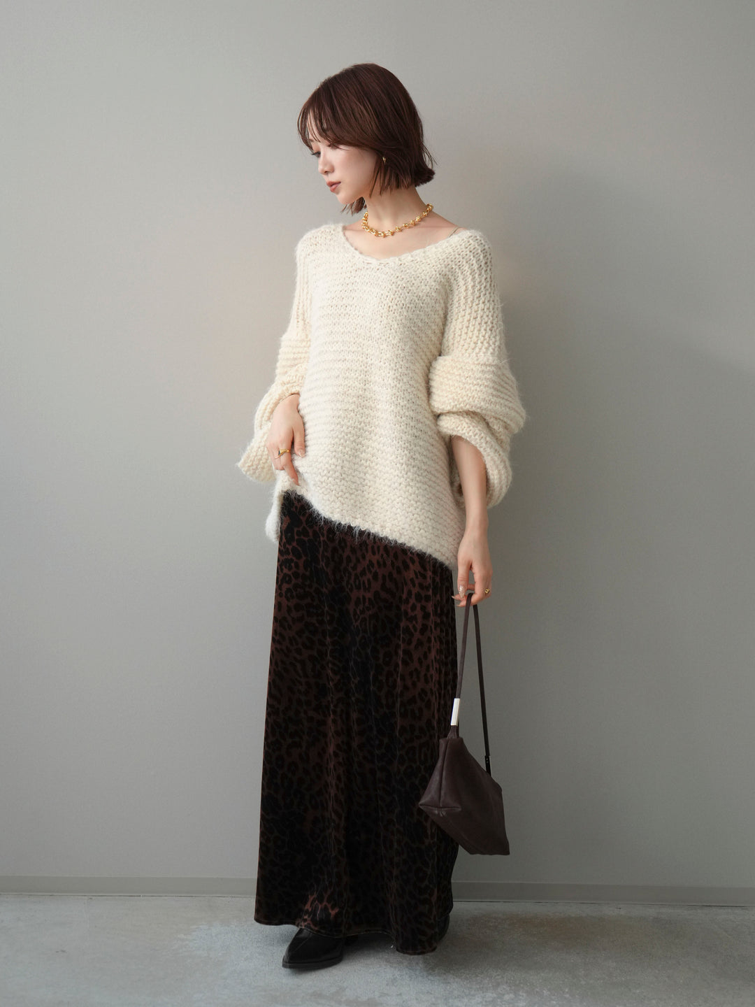 [SET]ワッフル編みシャギーニットプルオーバー+レオパードベロアナロースカート(2set)