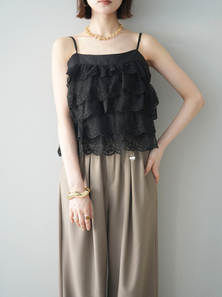 [SET]スカラップレースフリルキャミソール+ベルト付キーホルダーモチーフワイドパンツ(2set)
