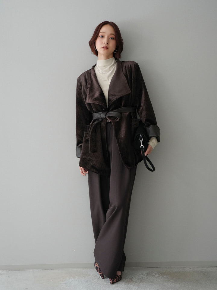 【套裝】絲絨禮服外套+小領墊肩磨毛上衣+腰帶環設計闊腿褲（三件套）