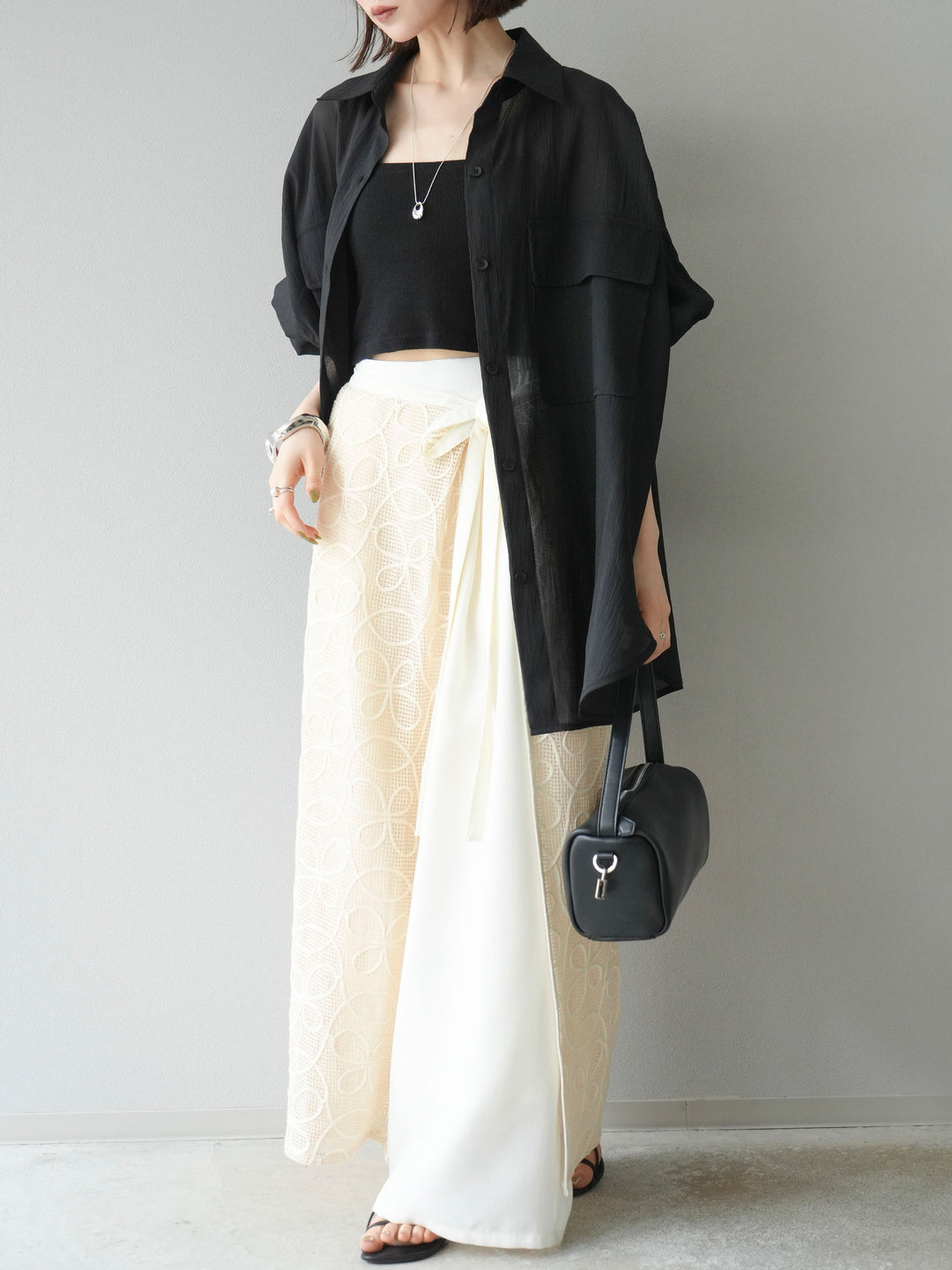 [予約]メッシュコード刺繍ラップスカート/アイボリー