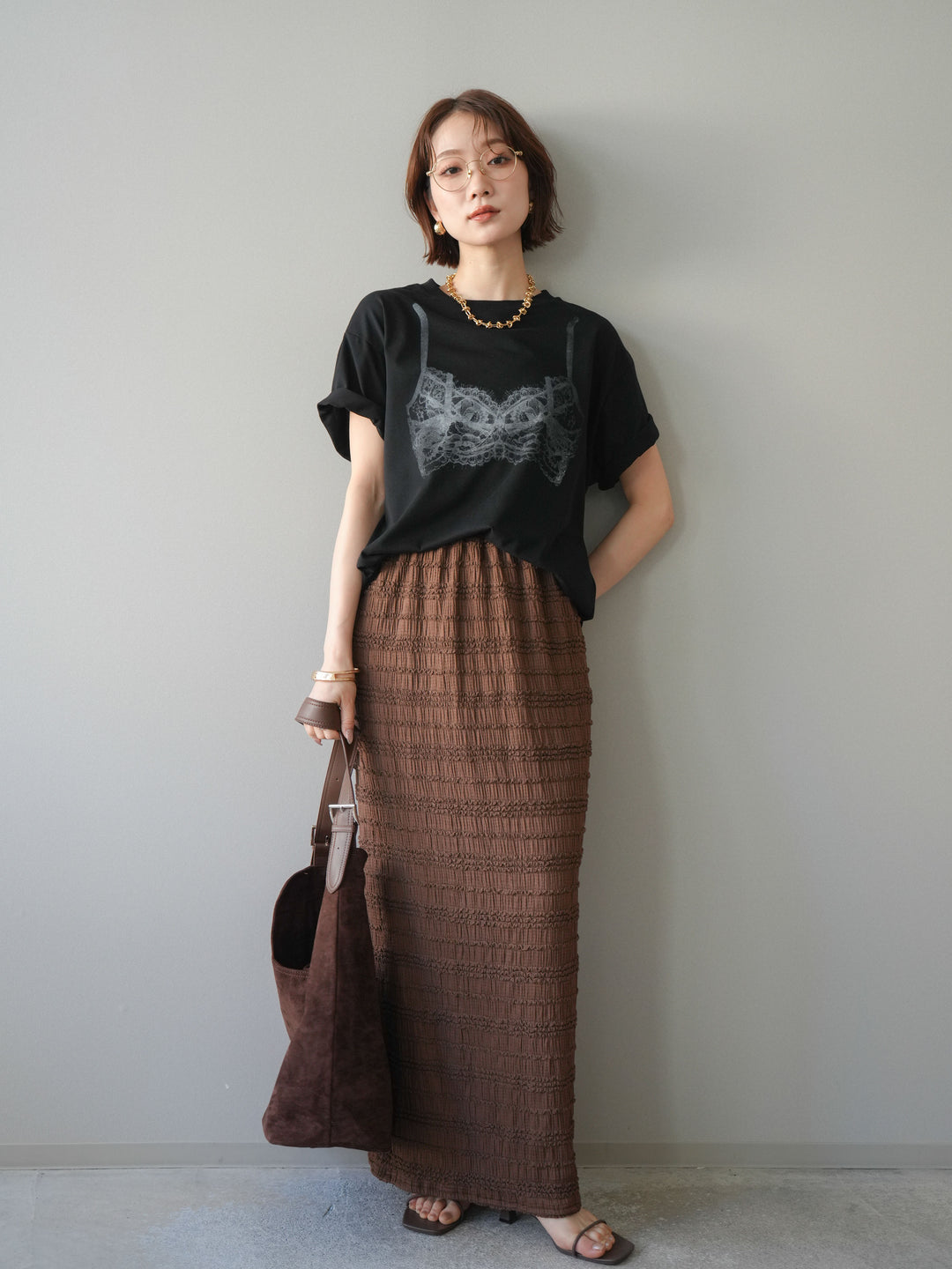 [予約]リップルIラインスカート/brown