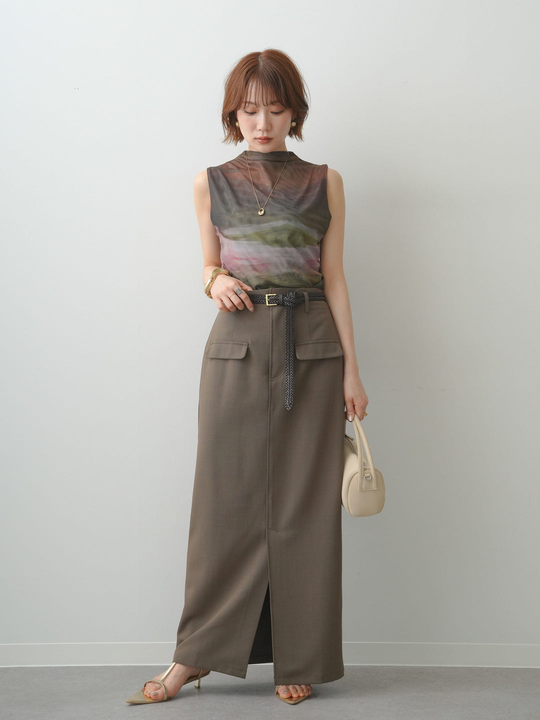 [予約]クレープデシンフラップ付きストレートスカート/brown