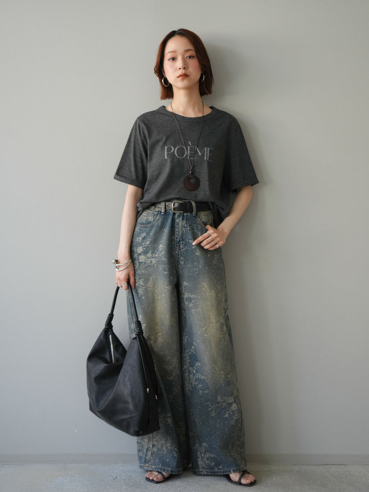 [予約]フラワー刺繍ビジューワイドデニムパンツ/blue