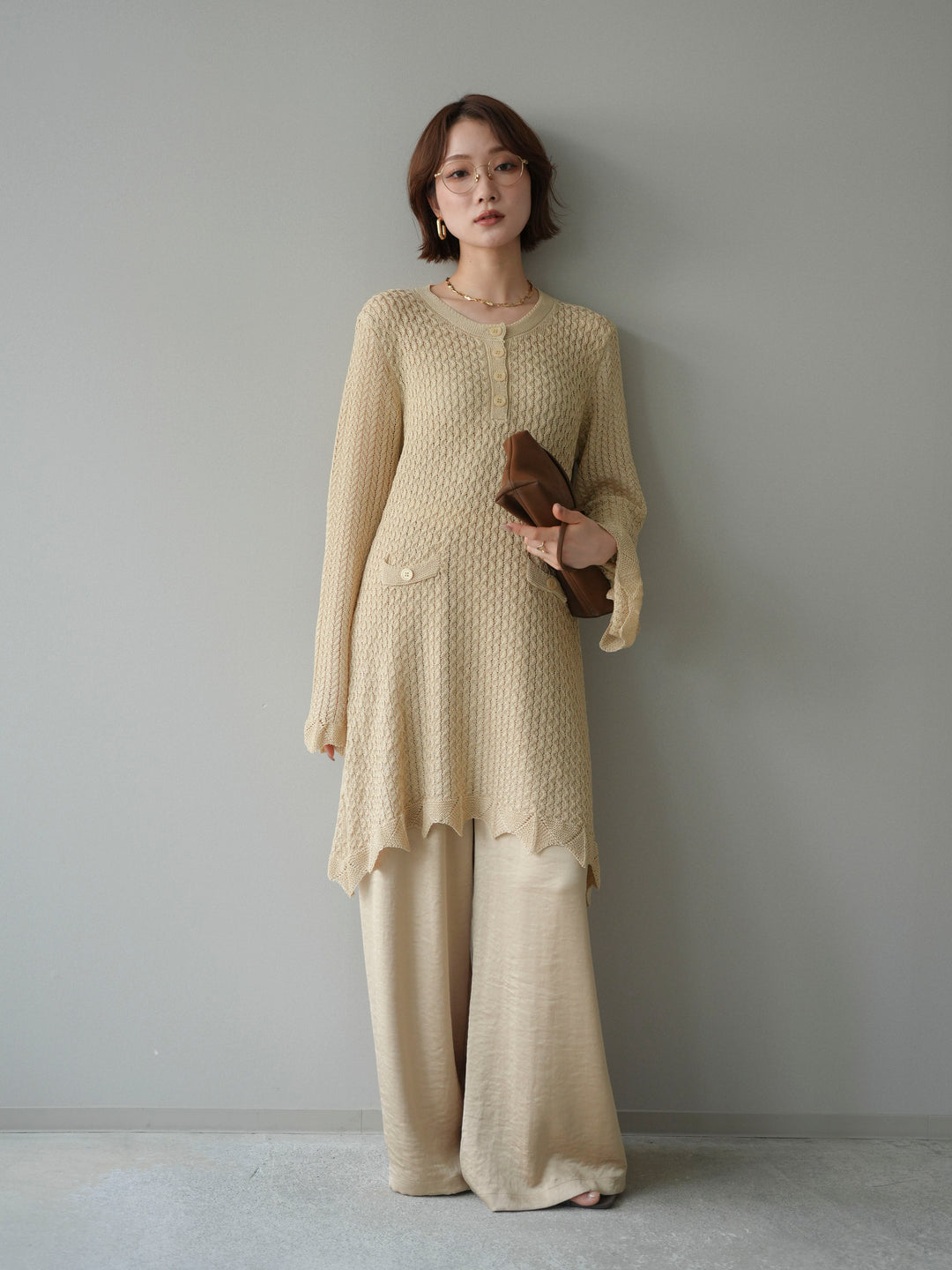 [予約]ヘンリーネックニットチュニック//beige
