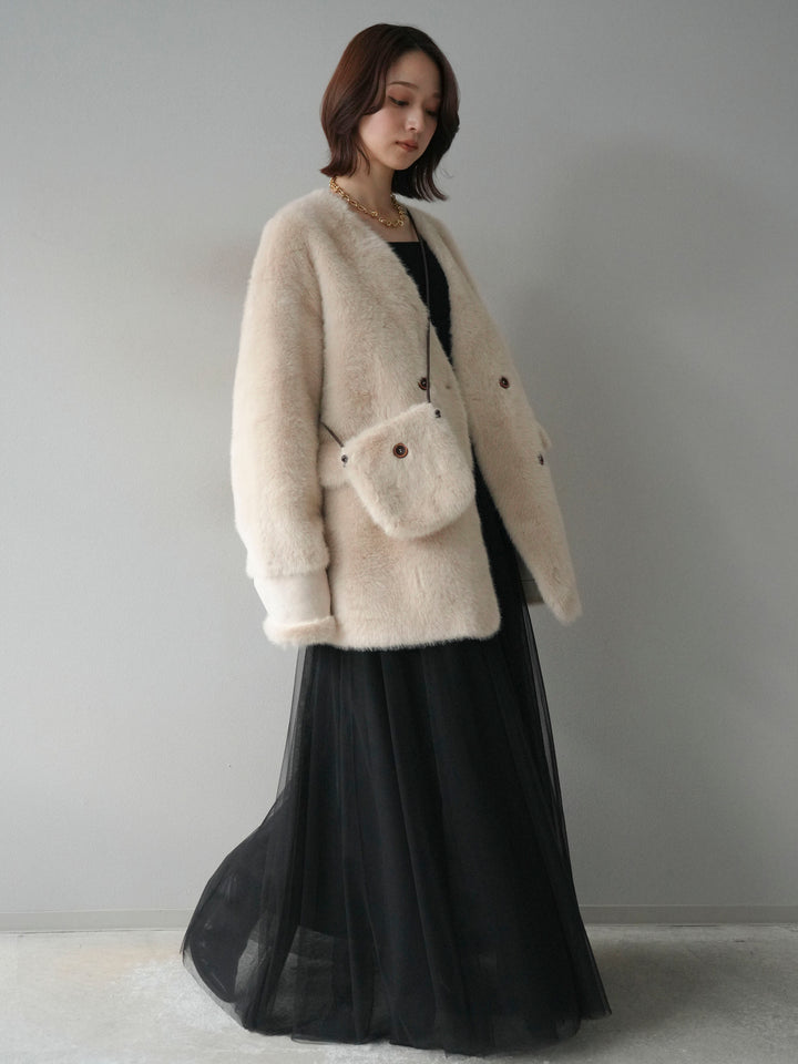 [SET]バッグ付エコファーノーカラーコート+チュールボリュームスカート(2set)