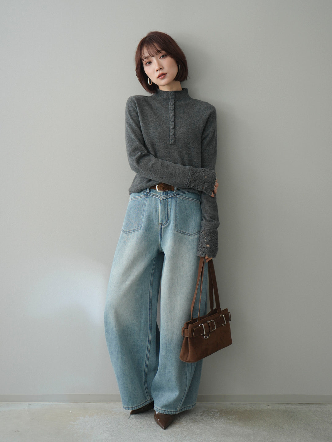 [SET]袖スカラップレースフロントボタンウールニットトップス+ベルト付裏起毛カーブデニムパンツ(2set)