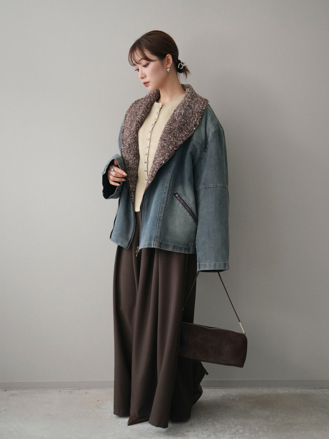 [SET]ミックスボアデニムジャケット+シルバーボタン畦編みニットカーディガン+テープベルトタックバギーパンツ(3set)