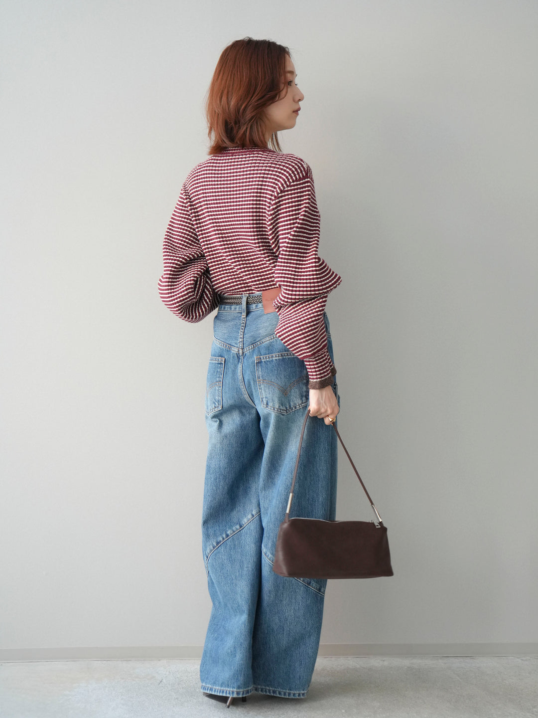 [SET]ラメ異素材ボーダーリブニットプルオーバー+ペインターカーブデニムパンツ(2set)