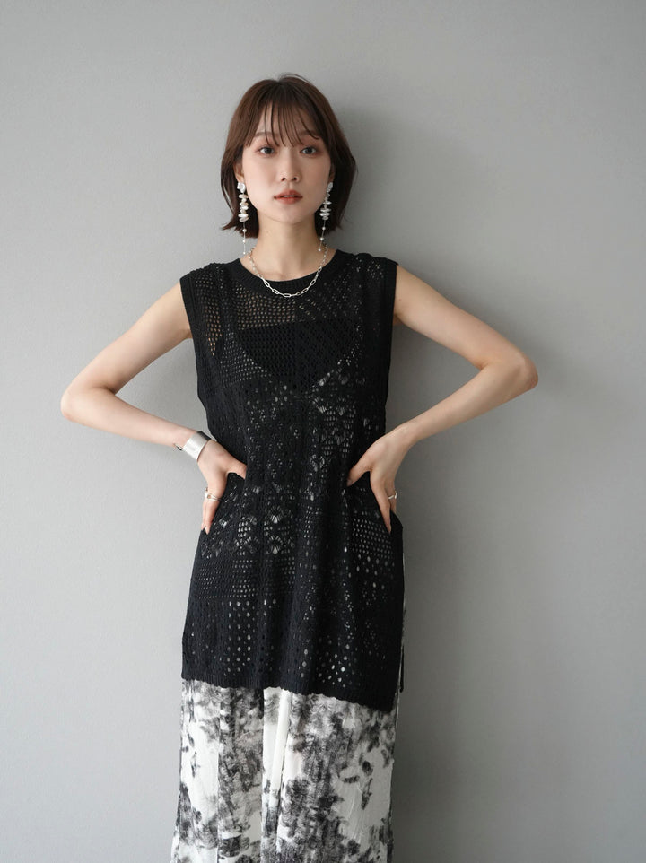 [Pre-order] Openwork side slit knit top/black