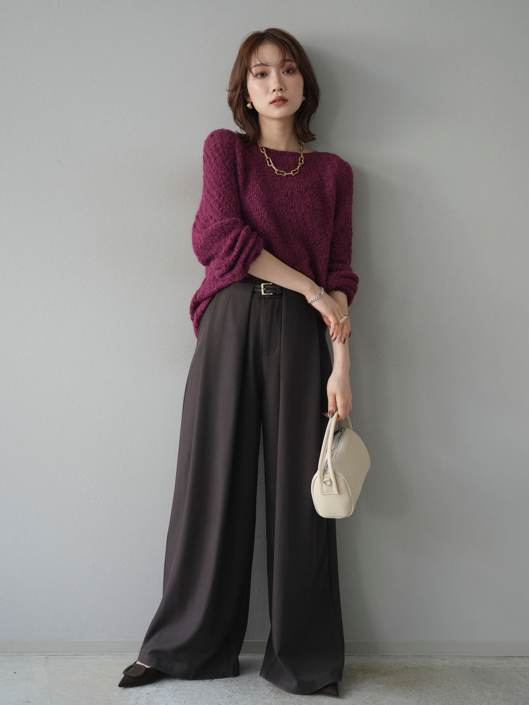 【着回しセット】[SET]求心柄クロップドニットカーディガン+異素材ミックスヤーンニットプルオーバー+ベルトループデザインワイドパンツ(3set)