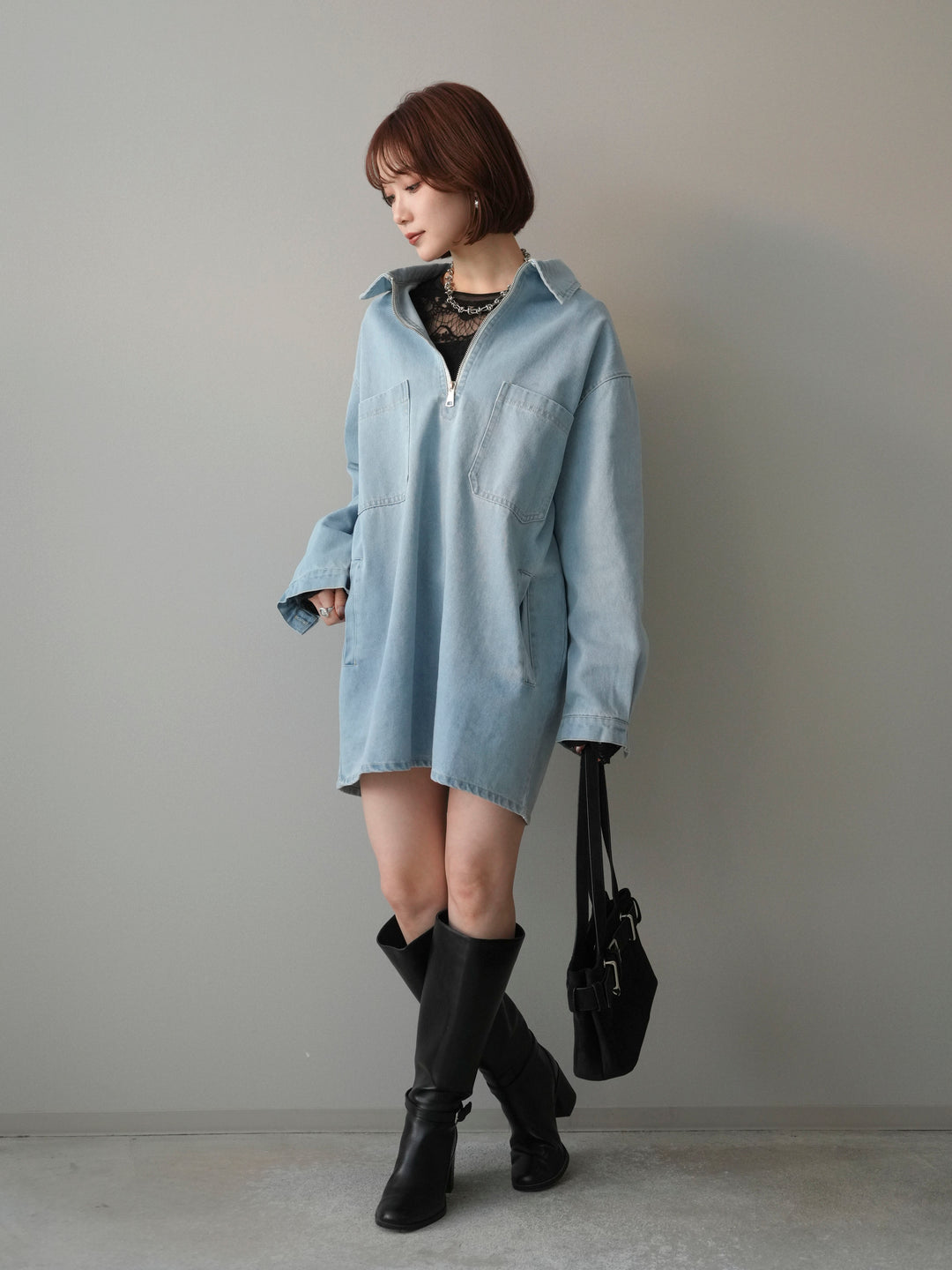 [SET]ハーフジップデニムミニワンピース+チュールレーストップス(2set)