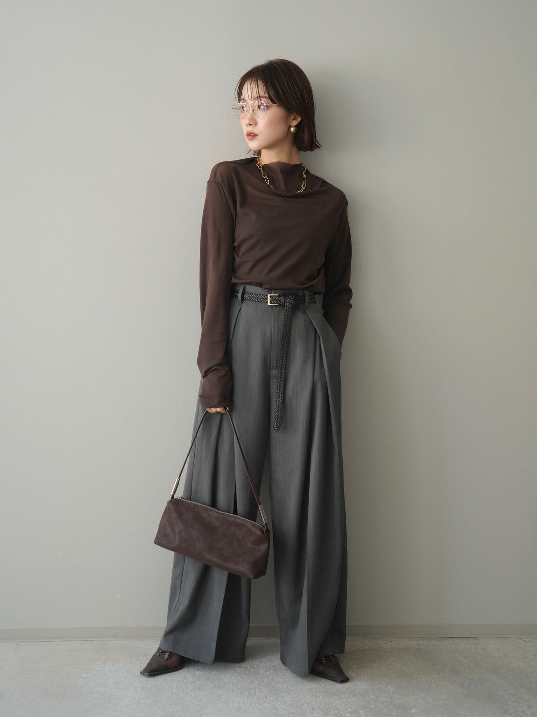 [予約]シアープチネックストレッチトップス/brown