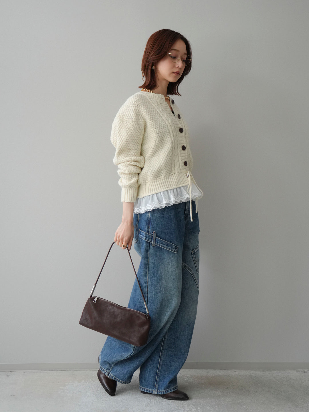 [SET]裾レースケーブルニットカーディガン+ペインターカーブデニムパンツ(2set)