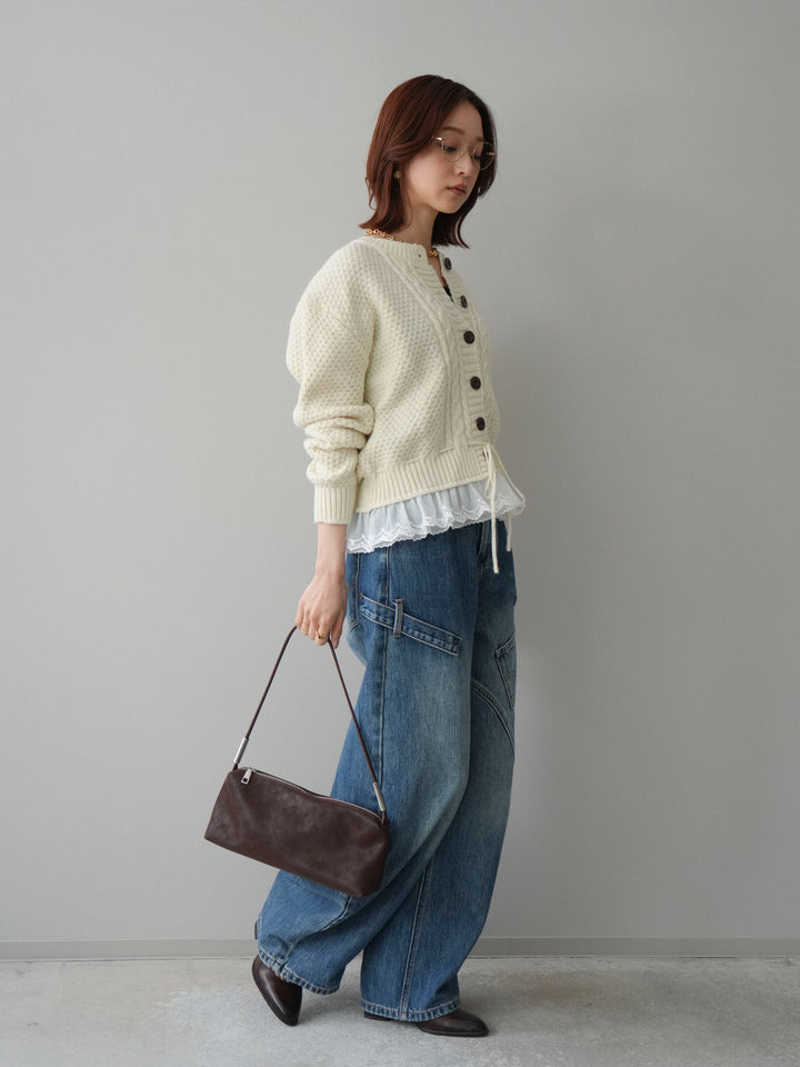 [SET]裾レースケーブルニットカーディガン+ペインターカーブデニムパンツ(2set)