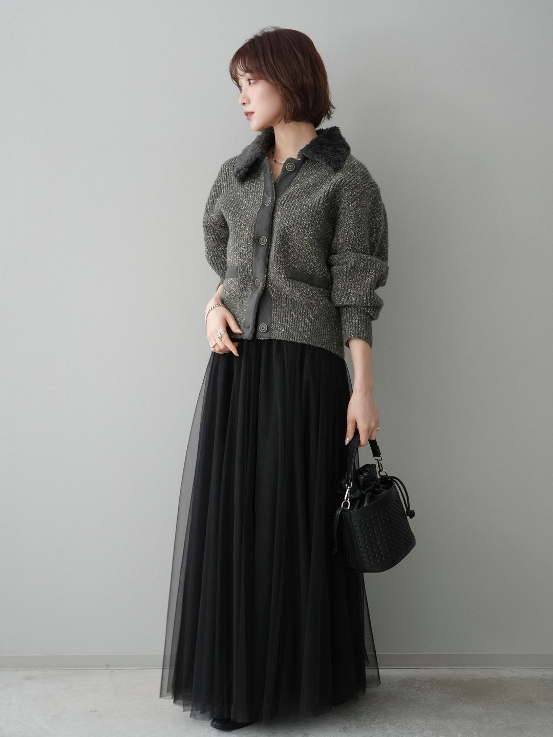 [SET]襟ボアミックスヤーンニットカーディガン+チュールボリュームスカート(2set)