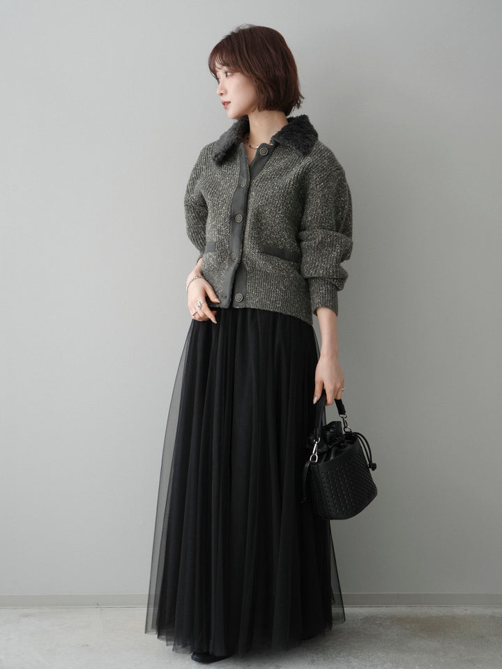 [SET]襟ボアミックスヤーンニットカーディガン+チュールボリュームスカート(2set)