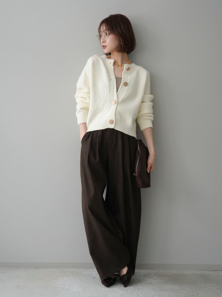 [SET]BIGボタンニットカーディガン+アニマル柄ベルト付きウールタッチワイドパンツ(2set)