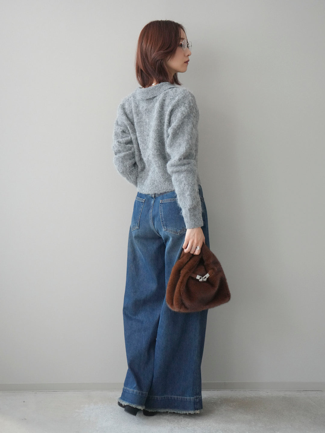 [SET]モヘア衿付きボタンプルオーバー+裏起毛裾フリンジワイドデニムパンツ(2set)