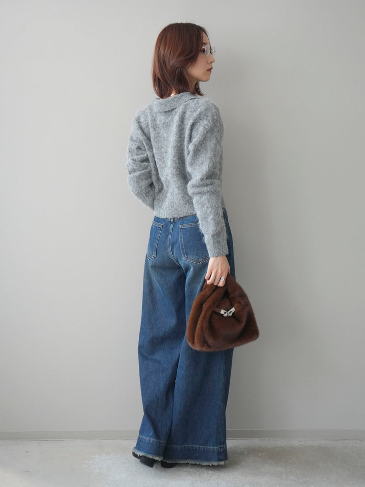 [SET]モヘア衿付きボタンプルオーバー+裏起毛裾フリンジワイドデニムパンツ(2set)