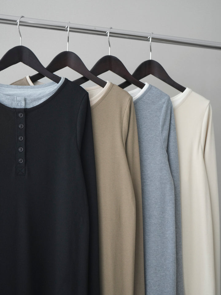 [SET]配色レイヤードヘンリーネックカットリブワンピース+配色レイヤードヘンリーネックカットリブワンピース(2set)