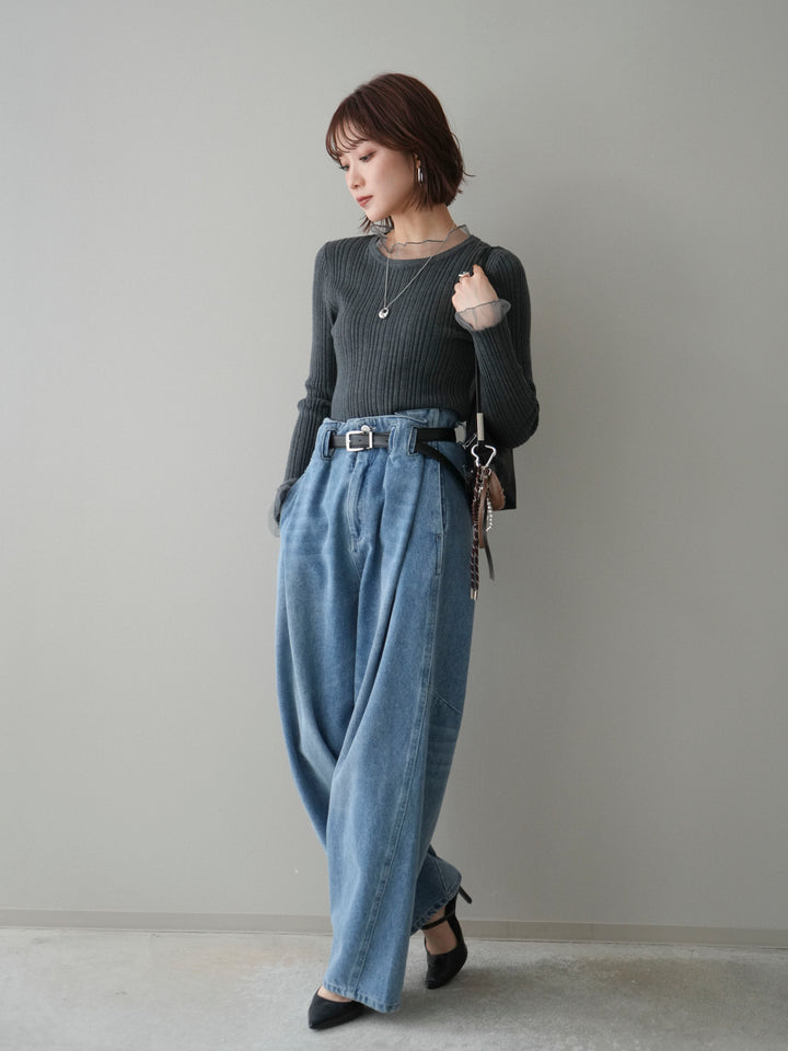 [SET]チュールドッキングリブニットトップス+ハイウエストベルトループデザインデニムパンツ(2set)