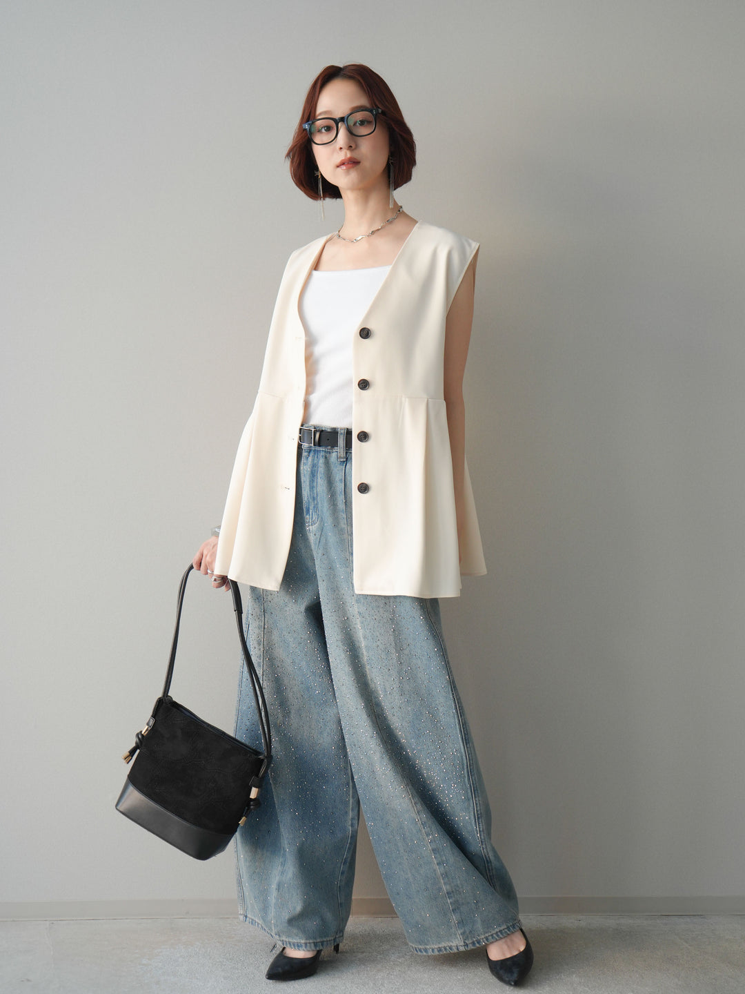 [予約]フロントビジューカーブデニムパンツ/lightblue