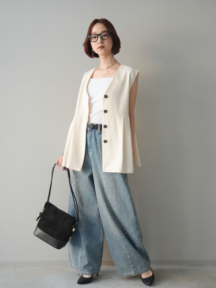 [予約]フロントビジューカーブデニムパンツ/lightblue