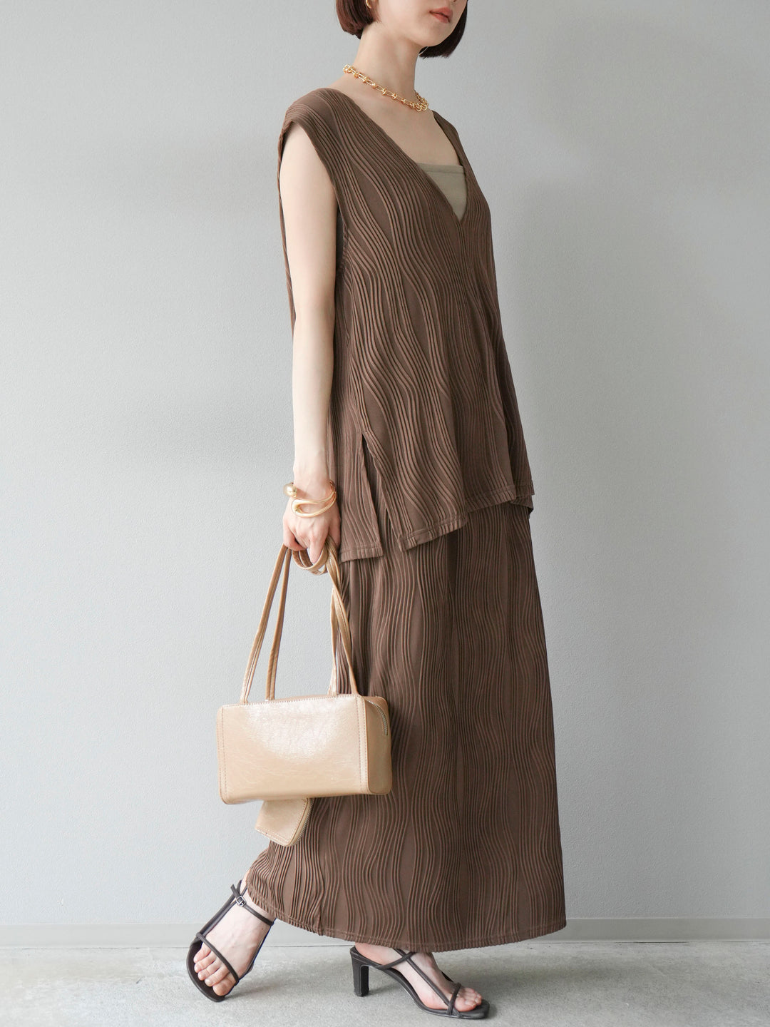 [予約]ウェーブパイピングタイトスカート/ブラウン